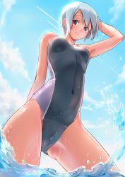 Rule 34 | 1girl, brown eyes, competition swimsuit, from below, gradient background, highres, muto (uadocjon 21), one-piece swimsuit, original, short hair, silver hair, solo, standing, swimsuit, water
