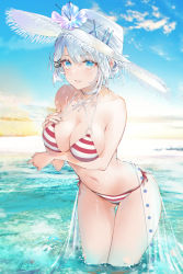 Rule 34 | 1girl, bare arms, bare shoulders, bikini, blue eyes, breast hold, breasts, choker, cleavage, collarbone, criss-cross halter, flower, hair ornament, hairclip, halterneck, hand on own chest, hat, hat flower, kinokohime, large breasts, leaning forward, looking at viewer, multi-strapped bikini, navel, parted lips, sarong, short hair, side-tie bikini bottom, sidelocks, siesta (tantei wa mou shindeiru), solo, standing, stomach, string bikini, striped bikini, striped clothes, sun hat, swimsuit, tantei wa mou shindeiru, thighs, wading, water, white choker, white flower, white hair, white hat, x hair ornament