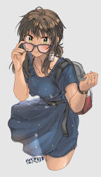 Rule 34 | 1girl, artist logo, artist name, backpack, bag, bespectacled, blue-framed eyewear, blue dress, blush, brown hair, closed mouth, collarbone, cowboy shot, cropped legs, dress, ergot, fubuki (kancolle), glasses, green eyes, grey background, hair between eyes, highres, jewelry, kantai collection, price tag, ring, short hair, short ponytail, short sleeves, simple background, smile, solo, watch, wedding band, wristwatch