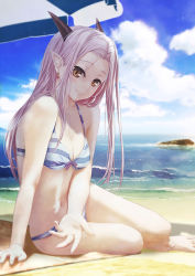 Rule 34 | 1girl, bare arms, bare legs, beach, bikini, blue sky, breasts, brown eyes, cleavage, closed mouth, cloud, collarbone, day, dragon quest, dragon quest x, earrings, estella (dq10), horns, jewelry, kurono mitsuki, long hair, medium breasts, ocean, outdoors, pointy ears, silver hair, sitting, sky, smile, solo, striped bikini, striped clothes, swimsuit, very long hair