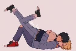 Rule 34 | 2boys, ana pudim, ash lynx, banana fish, black hair, blonde hair, blush, cheek-to-cheek, chin rest, closed eyes, couple, denim, draw your fav ship like this (meme), hand on another&#039;s shoulder, head on head, head rest, heads together, highres, hug, jeans, long sleeves, male focus, meme, multiple boys, okumura eiji, pants, short hair, simple background, smile, torn clothes, torn jeans, torn pants, yaoi