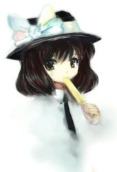 Rule 34 | 1girl, am11, amii, brown hair, female focus, food, ghostly field club, hat, hat ribbon, necktie, popsicle, ribbon, solo, touhou, usami renko, white background, yellow eyes