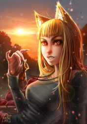Rule 34 | 10s, 1girl, 2013, animal ears, apple, artist name, breasts, chromatic aberration, collarbone, dated, eyelashes, fingernails, food, fruit, grin, highres, holo, kate-fox, lens flare, long hair, long sleeves, medium breasts, orange hair, pouch, red eyes, smile, solo, spice and wolf, sunset, wolf ears