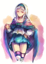 Rule 34 | 1girl, cape, female focus, gensou suikoden, gensou suikoden ii, gradient background, hairband, hand on own hip, kara (color), long hair, miniskirt, red eyes, sierra mikain, silver hair, skirt, solo, thighhighs, white background