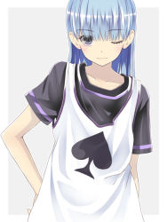 Rule 34 | 1girl, blue hair, blush, hand on own hip, long hair, looking at viewer, original, simple background, solo, toshiya
