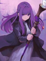 Rule 34 | 1girl, absurdres, black coat, coat, commentary, cowboy shot, dress, english commentary, fern (sousou no frieren), hands up, highres, holding, holding staff, long hair, looking at viewer, mage staff, open clothes, open coat, purple background, purple eyes, purple hair, purple theme, solo, sousou no frieren, staff, standing, upper body, v-shaped eyebrows, white dress, yan kodiac