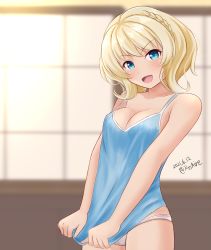 Rule 34 | 1girl, :d, ame-san, blonde hair, blue eyes, blue shirt, blurry, blurry background, blush, breasts, cleavage, collarbone, colorado (kancolle), commentary request, dated, highres, kantai collection, looking at viewer, medium breasts, no pants, open mouth, panties, shirt, short hair, sleeveless, sleeveless shirt, smile, solo, spaghetti strap, twitter username, underwear, white panties, window