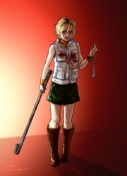 Rule 34 | 1girl, artist request, blonde hair, boots, breasts, heather mason, jacket, lead pipe, makeup, miniskirt, short hair, silent hill, silent hill (series), silent hill 3, skirt, sleeveless, sleeveless turtleneck, solo, turtleneck, vest, weapon, wristband