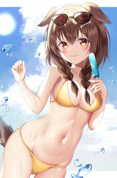 Rule 34 | 1girl, absurdres, animal ears, bikini, blue sky, blush, bone hair ornament, braid, breasts, brown eyes, brown hair, closed mouth, cloud, collarbone, commentary, cowboy shot, day, dog ears, dog girl, dog tail, eyewear on head, food, groin, hair between eyes, hair ornament, hands up, highres, holding, holding food, hololive, inugami korone, long hair, looking at viewer, low twin braids, navel, popsicle, skindentation, sky, solo, sun, sunglasses, swimsuit, tail, thighs, twin braids, utekiro, virtual youtuber, water drop, wet, yellow bikini