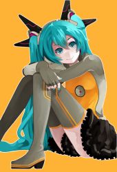 Rule 34 | 1girl, aqua eyes, aqua hair, bad id, bad pixiv id, boots, hatsune miku, long hair, looking at viewer, odds &amp; ends (vocaloid), project diva, project diva (series), project diva f, reborn 10, sitting, skirt, smile, solo, thigh boots, thighhighs, very long hair, vocaloid