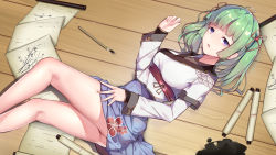 Rule 34 | 1girl, ahoge, ass, blunt bangs, breasts, calligraphy brush, clothes lift, from above, green hair, highres, japanese clothes, long hair, looking at viewer, lying, medium breasts, no panties, on side, original, paintbrush, parted lips, purple eyes, scallion15, solo, tagme, thighs, wooden floor