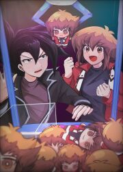 Rule 34 | 2boys, against glass, black eyes, black hair, black jacket, black shirt, bright pupils, brown hair, character doll, clenched hands, commentary request, crane game, duel academy uniform (yu-gi-oh! gx), hand up, hands up, happy, highres, indoors, jacket, male focus, manjoume jun, multiple boys, open clothes, open jacket, open mouth, purple shirt, red jacket, shirt, short hair, smile, spiked hair, stuffed toy, sweatdrop, ten (100000 910), turtleneck, turtleneck shirt, upper body, yu-gi-oh!, yu-gi-oh! gx, yuki judai