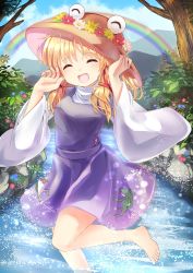 Rule 34 | animal print, bare legs, barefoot, blonde hair, blush, closed eyes, day, feet, flower, frog print, hair ribbon, hat, head wreath, highres, holding, holding clothes, holding hat, long sleeves, moriya suwako, open mouth, outdoors, parted bangs, purple skirt, purple vest, rainbow, ramudia (lamyun), red ribbon, ribbon, shirt, short hair, skirt, skirt set, sleeves past wrists, touhou, turtleneck, vest, water, white shirt, wide sleeves