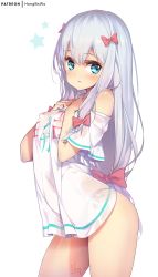 Rule 34 | 1girl, bare shoulders, blue eyes, blush, bow, breasts, clothes writing, covered erect nipples, eromanga sensei, hair between eyes, hair bow, hands up, hong (white spider), izumi sagiri, long hair, off-shoulder shirt, off shoulder, panties, parted lips, patreon username, pink bow, see-through, shirt, short sleeves, side-tie panties, sidelocks, signature, silver hair, simple background, small breasts, solo, star (symbol), string panties, underwear, very long hair, white background, white shirt, wide sleeves