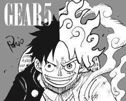 Rule 34 | 1boy, alternate form, facial scar, fiery hair, gear fifth, grin, injury, looking at viewer, monkey d. luffy, nishiponi, one piece, open clothes, open shirt, pectorals, scar, scar on cheek, scar on face, simple background, smile