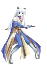 Rule 34 | 1girl, animal ears, armor, armored boots, blue cape, blue pants, blue shirt, boots, breastplate, cape, cat ears, commentary request, cross, crusader (ragnarok online), drawing sword, fighting stance, full body, gauntlets, green eyes, hair between eyes, holding, holding sword, holding weapon, keiaienu, long hair, long sleeves, looking at viewer, open mouth, pants, pauldrons, ragnarok online, shirt, shoulder armor, simple background, solo, standing, sword, weapon, white background, white hair