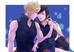 Rule 34 | 1boy, 1girl, bare arms, bare shoulders, black hair, black shorts, black vest, blonde hair, blue eyes, border, brown eyes, cloud strife, couple, crescent, crescent earrings, dirge of cerberus final fantasy vii, earrings, final fantasy, final fantasy vii, final fantasy vii advent children, final fantasy vii remake, glint, gold earrings, goodsign, highres, holding earrings, jewelry, light particles, lips, long hair, looking at another, midriff peek, outside border, parted lips, popped collar, shirt, short hair, shorts, sitting, sleeveless, sleeveless shirt, spiked hair, swept bangs, tank top, tifa lockhart, vest, white border, white tank top