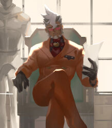 Rule 34 | 1boy, ace attorney, black gloves, chair, crossed legs, damon gant, day, glasses, gloves, green eyes, grey hair, hair between eyes, holding, holding paper, indoors, looking at viewer, male focus, multicolored hair, old, old man, orange pants, orange suit, pants, paper, sitting, solo, statue, two-tone hair, vm (as92402), white hair, window