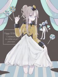 Rule 34 | 1boy, 1girl, blue eyes, bouquet, brown background, brown hair, candy, cropped jacket, cross, cross earrings, cursive, curtains, dress, earrings, english text, flower, food, formal, hair bun, hat, heart, highres, holding, holding bouquet, jacket, jewelry, lollipop, looking at viewer, mini hat, nanamiya ten, object head, original, suit, wading, white day, white dress, white suit, yellow jacket