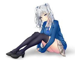 Rule 34 | 10s, 1girl, alternate costume, ass, black thighhighs, blue eyes, full body, high heels, highres, kantai collection, kashima (kancolle), long hair, looking at viewer, mary janes, shoes, silver hair, simple background, sitting, skirt, sleeves past wrists, solo, tetsu (excalibur920), thighhighs, twintails