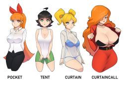 Rule 34 | 4girls, absurdres, aged up, arms behind back, belt, black belt, black bra, black eyes, black hair, black pants, blonde hair, blossom (ppg), blouse, blue bra, blue eyes, blue panties, blunt bangs, bra, breasts, bright pupils, bubbles (ppg), buttercup (ppg), choker, cleavage, collared shirt, cowboy shot, cropped legs, curtain call challenge (meme), english text, green eyes, green shorts, hair over one eye, highres, huge breasts, jacket, large breasts, long hair, medium hair, meme, multiple girls, orange hair, panties, pants, pink eyes, powerpuff girls, red jacket, red skirt, sara bellum, satelyte, see-through, see-through shirt, shirt, short hair, shorts, simple background, skirt, tank top, taut clothes, taut shirt, twintails, underwear, very long hair, white background, white pupils, white shirt, white tank top