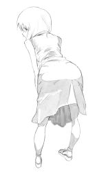 Rule 34 | 1girl, bare legs, bare shoulders, bent over, commentary request, dress, from behind, full body, greyscale, hagiwara yukiho, highres, idolmaster, idolmaster (classic), kotoyama, looking back, monochrome, sandals, short hair, simple background, sketch, sleeveless, sleeveless dress, solo