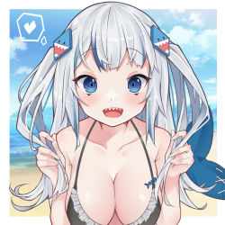 Rule 34 | 1girl, :d, ai cao, alternate breast size, bare shoulders, beach, bikini, black bikini, blue eyes, blue hair, blush, breasts, cleavage, collarbone, commentary, day, english commentary, fins, fish tail, gawr gura, hair ornament, halterneck, heart, highres, holding, holding hair, hololive, hololive english, looking at viewer, medium breasts, multicolored hair, ocean, open mouth, shark hair ornament, shark tail, sharp teeth, sky, smile, solo, spoken heart, streaked hair, swimsuit, tail, teeth, two-tone hair, two side up, upper teeth only, virtual youtuber, white hair