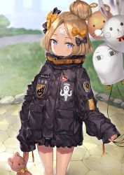 Rule 34 | 1girl, abigail williams (fate), abigail williams (traveling outfit) (fate), alternate hairstyle, balloon, bandaid, bandaid on face, bandaid on forehead, belt, black bow, black jacket, blonde hair, blue eyes, blush, bow, commentary request, fate/grand order, fate (series), forehead, fou (fate), hair bow, hair bun, high collar, highres, holding, holding stuffed toy, jacket, legs, loafers, long hair, looking at viewer, looking up, medjed (fate), momoko (momopoco), official alternate costume, open mouth, orange bow, parted bangs, polka dot, polka dot bow, shoes, single hair bun, sleeves past fingers, sleeves past wrists, solo, stuffed animal, stuffed toy, teddy bear, thighs