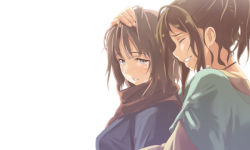 Rule 34 | 2girls, blush, brown hair, closed eyes, crying, crying with eyes open, grin, hand on another&#039;s head, long hair, multiple girls, original, scarf, short hair, smile, tears, yui 7