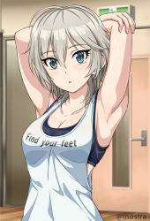 Rule 34 | 1girl, anastasia (idolmaster), armpits, arms behind head, arms up, bare shoulders, black bra, blue eyes, blush, bra, breasts, cleavage, collarbone, hair between eyes, idolmaster, idolmaster cinderella girls, inoshira, looking at viewer, medium breasts, open mouth, short hair, silver hair, solo, sports bra, stretching, tank top, underwear, white tank top