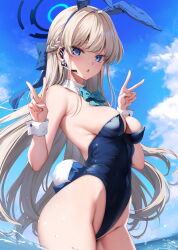 Rule 34 | 1girl, animal ears, aqua bow, aqua bowtie, bare shoulders, blonde hair, blue archive, blue eyes, blue hair, blue hairband, blue leotard, bow, bowtie, braid, breasts, covered navel, day, detached collar, double v, earpiece, fake animal ears, fake tail, hairband, halo, highleg, highleg leotard, highres, large breasts, leotard, long hair, looking at viewer, multicolored hair, official alternate costume, oozora itsuki, open mouth, playboy bunny, rabbit ears, rabbit tail, sideboob, solo, strapless, strapless leotard, streaked hair, tail, thighs, toki (blue archive), toki (bunny) (blue archive), v, white wrist cuffs, wrist cuffs