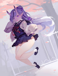 Rule 34 | 1girl, absurdres, black choker, black footwear, blue sailor collar, blue skirt, cardigan, choker, commentary, earrings, falling petals, fang, fence, gradient hair, hair ribbon, helic (7317helic), highres, horns, jewelry, jumping, loafers, long hair, long sleeves, looking at viewer, multicolored hair, neck ribbon, nijisanji, open cardigan, open clothes, open mouth, outdoors, petals, pleated skirt, pointy ears, ponytail, purple eyes, purple hair, purple ribbon, red ribbon, ribbon, rindou mikoto, sailor collar, school uniform, shoes, skin-covered horns, skin fang, skirt, sleeves past fingers, sleeves past wrists, smile, socks, solo, thighs, virtual youtuber, white socks