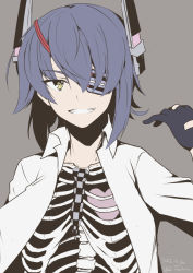 Rule 34 | 1girl, alternate costume, artist name, collared shirt, dated, eyepatch, gloves, grey background, hair over one eye, headgear, highres, kantai collection, long sleeves, open clothes, open shirt, partially fingerless gloves, purple hair, shirt, short hair, simple background, skeletal body, solo, taira yuuki, teeth, tenryuu (kancolle), white shirt, yellow eyes