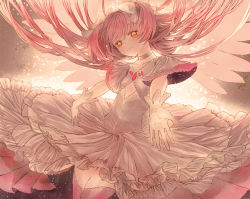 Rule 34 | 1girl, backlighting, choker, closed mouth, clothing cutout, collarbone, cowboy shot, dress, flat chest, frilled dress, frills, gloves, glowing, grey background, hair ribbon, half-closed eyes, head tilt, highres, kaname madoka, layered dress, layered sleeves, legs together, light, light particles, light smile, long dress, long hair, looking at viewer, mahou shoujo madoka magica, mahou shoujo madoka magica (anime), muted color, outstretched arms, pink hair, pink theme, pink wings, red thighhighs, ribbon, satou akira (artist), simple background, solo, straight hair, thighhighs, thighs, transparent wings, two side up, ultimate madoka, very long hair, white choker, white dress, white gloves, white ribbon, wings, yellow eyes, yellow theme, zettai ryouiki