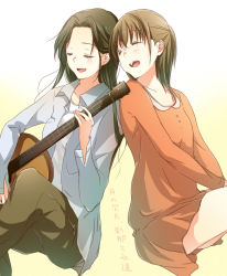 Rule 34 | 2girls, :d, ^ ^, acoustic guitar, bad id, bad pixiv id, brown hair, character request, closed eyes, collarbone, closed eyes, guitar, instrument, mizuiro ether, multiple girls, open mouth, pants, sao (0060), smile, translation request