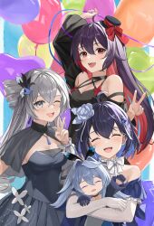 Rule 34 | 4girls, :d, absurdres, ahoge, alternate costume, arm up, balloon, bare shoulders, black shirt, black sleeves, blonde hair, bow, bronya zaychik, cherng, closed eyes, colored inner hair, earrings, gloves, grey eyes, grey hair, hat, highres, honkai (series), honkai impact 3rd, jewelry, long hair, looking at viewer, multicolored hair, multiple girls, one eye closed, open mouth, project bunny, red bow, red eyes, seele (alter ego), seele vollerei, seele vollerei (starchasm nyx), shirt, short hair, smile, teeth, upper teeth only, v, white gloves