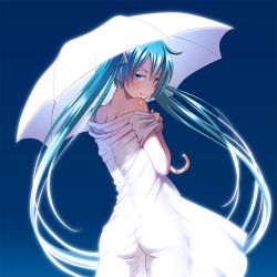 Rule 34 | 00s, 1girl, aqua eyes, aqua hair, ass, bare shoulders, blue background, blush, cowboy shot, dress, gradient background, hatsune miku, long hair, looking at viewer, looking back, parasol, robe, simple background, skinny, solo, standing, twintails, umbrella, undressing, very long hair, vocaloid, white dress, white robe, wokada