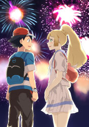 Rule 34 | 1boy, 1girl, ash ketchum, backpack, bag, baseball cap, black hair, black pants, blonde hair, blush, brown eyes, clenched hands, creatures (company), eye contact, feet out of frame, fireworks, game freak, green eyes, hat, high ponytail, hood, kuriyama, lillie (pokemon), long hair, looking at another, miniskirt, night, night sky, nintendo, open mouth, outdoors, pants, pleated skirt, pokemon, pokemon (anime), pokemon sm (anime), red headwear, shirt, short hair, short sleeves, skirt, sky, smile, spiked hair, standing, striped clothes, striped shirt, two-tone shirt, white shirt, white skirt, z-ring