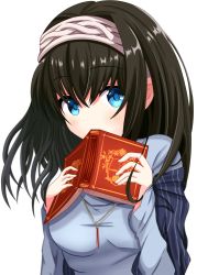 Rule 34 | 10s, 1girl, amasajithira, bad id, bad nicoseiga id, black hair, blue eyes, blush, book, breasts, commentary, cowboy shot, hair between eyes, hairband, highres, holding, holding book, idolmaster, idolmaster cinderella girls, jewelry, large breasts, long hair, long sleeves, looking at viewer, necklace, off-shoulder, off-shoulder sweater, off shoulder, pendant, ribbed sweater, sagisawa fumika, shawl, simple background, solo, sweater, upper body, white background