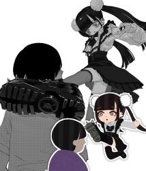 1boy 1girl :o black_hair black_ribbon black_skirt black_thighhighs blunt_bangs blunt_ends brooch chibi chibi_inset commentary_request constricted_pupils corset ear_piercing eye_contact fingernails flying_kick from_behind grey_eyes hair_ornament highres ikiro irasutoya jewelry jirai_kei kicking long_fingernails long_hair looking_at_another mifune_takashi_(style) miniskirt monochrome neck_ribbon original outline partially_colored piercing pom_pom_(clothes) pom_pom_hair_ornament profile ribbon serious sharp_fingernails shirt shoe_soles shoes short_hair simple_background skirt straight_hair swept_bangs t-shirt thighhighs twintails white_background white_shirt