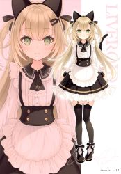 Rule 34 | 1girl, absurdres, animal ears, apron, black thighhighs, blonde hair, blush, buttons, cat ears, cat tail, dress, fake animal ears, frilled skirt, frills, full moon, garter straps, green eyes, hair ornament, hairclip, highres, long hair, long sleeves, looking at viewer, moon, original, page number, scan, shoes, short dress, short twintails, simple background, skirt, smile, solo, tail, thighhighs, twintails, waist apron, yashiro seika, zettai ryouiki, zoom layer