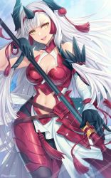 Rule 34 | 1girl, black gloves, breasts, cleavage, clothing cutout, fate/grand order, fate (series), feathers, gloves, hagino kouta, highres, kiichi hougen (fate), long hair, navel, navel cutout, polearm, solo, spear, twitter username, weapon, white hair, yellow eyes