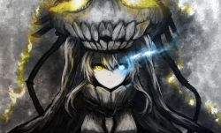 Rule 34 | 1girl, abyssal ship, blue eyes, bodysuit, cape, glowing, glowing eyes, heterochromia, highres, kantai collection, looking at viewer, monochrome, multiple monochrome, parody, portrait, smoke, solo, spot color, style parody, ten (cherry61897), wo-class aircraft carrier, yellow eyes