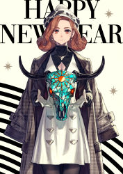 Rule 34 | 1girl, absurdres, animal print, animal skull, breasts, brown eyes, brown hair, chinese zodiac, cleavage, cleavage cutout, closed mouth, clothing cutout, coat, coat on shoulders, cow print, dress, earrings, floating, floating object, gloves, glowing, glowing eyes, happy new year, hat, highres, jewelry, kusano shinta, looking at viewer, medium hair, mole, mole on breast, necklace, new year, open hands, original, skull, solo, star (symbol), turtleneck, white dress, white gloves, year of the ox