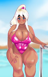Rule 34 | 1girl, blonde hair, blue eyes, blush, breasts, cleavage, covered erect nipples, gyaru, highres, huge breasts, keigi, kotobuki tsumugi, large breasts, long hair, looking at viewer, plump, ponytail, solo, standing, swimsuit, thick eyebrows, thick thighs, thighs, wide hips