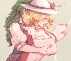 Rule 34 | 2girls, absurdres, blonde hair, grabbing another&#039;s breast, breasts, collared dress, colored eyelashes, commission, curly hair, dress, drill hair, elly (touhou), closed eyes, frills, grabbing, green hair, groping, hair between eyes, hat, highres, huge filesize, kazami yuuka, lactation, large breasts, long hair, milking, multiple girls, nipples, open mouth, puffy sleeves, red eyes, ribbon, senmura, simple background, sweatdrop, tongue, tongue out, touhou, touhou (pc-98), twin drills, upper body, yuri