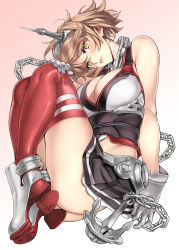 Rule 34 | 1girl, anchor, breasts, brown hair, chain, cleavage, full body, gloves, green eyes, hairband, head tilt, headgear, highres, kantai collection, large breasts, microskirt, midriff, mutsu (kancolle), nishieda, skirt, solo, thighhighs, white gloves, zettai ryouiki