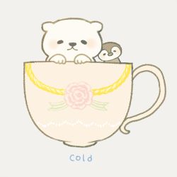 Rule 34 | ayu (mog), bad id, bad pixiv id, bear, bird, black eyes, chick, cup, english text, grey background, in container, in cup, lowres, no humans, original, penguin, polar bear, simple background, teacup