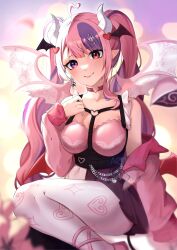 Rule 34 | 1girl, ahoge, breasts, choker, demon girl, demon horns, demon wings, earrings, fang, hair ornament, head wings, heart, heart ahoge, heart choker, heart earrings, heart hair ornament, heart print, heterochromia, highres, horns, ironmouse, ironmouse (13th costume), jacket, jewelry, large breasts, long hair, multicolored hair, o-ring, o-ring choker, pantyhose, pink choker, pink hair, pink jacket, pink shirt, pointy ears, purple eyes, purple hair, purple skirt, red eyes, shirt, single earring, skirt, smile, solo, streaked hair, twintails, virtual youtuber, vshojo, wings, yonicchin