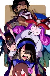 2boys 2girls bare_shoulders beard black_hair blue_eyes blue_shirt breasts closed_eyes echo_(circa) edward_teach_(fate) eyeliner facial_hair fate/grand_order fate_(series) grin hair_over_one_eye hat headpiece horns japanese_clothes kimono looking_at_viewer makeup mephistopheles_(fate) mole mole_under_eye multiple_boys multiple_girls oni open_mouth pale_skin purple_eyes purple_hair purple_kimono shirt short_hair shuten_douji_(fate) skin-covered_horns sleeveless sleeveless_shirt small_breasts smile stuffed_toy white_hat xu_fu_(fate) xu_fu_(swimsuit_avenger)_(fate) xu_fu_(swimsuit_avenger)_(first_ascension)_(fate) yu_mei-ren_(fate)